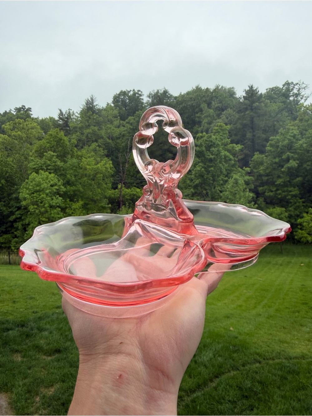 Pink Glass Divided Serving Dish with Handle